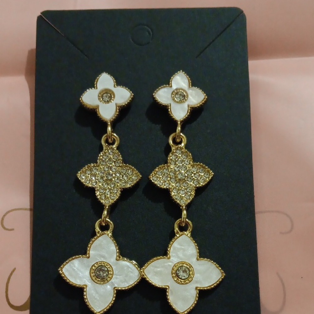Gold and White Floral Dangle Earrings with Crystal Accents